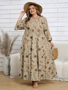 SHEIN CURVE+ Váy đi biển dáng rộng in họa tiết hoa cỡ lớn cho nữ, tay loe, trang phục đi biển/đồng quê/mùa hè/trang phục đi biển - Nhiều màu - Xem 8