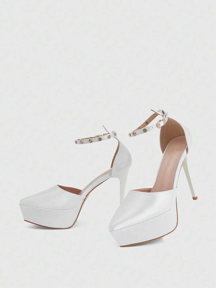 CUCCOO LuxiPop Spring/Summer New Fashion Crystal Embellished Ankle Strap Pointed Toe High Heel Platform Pumps, Satin Material, Elegant Sexy Stilettos For Formal Occasions, Date, Afternoon Tea, Party, Valentine's Day, Vacation, Travel, 2000s Style