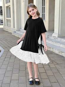 SHEIN 少女春夏休闲针织波点蝴蝶结装饰宽松A字短袖连衣裙，黑色，适合日常外出和返校穿着 - 黑與白 - 查看 4