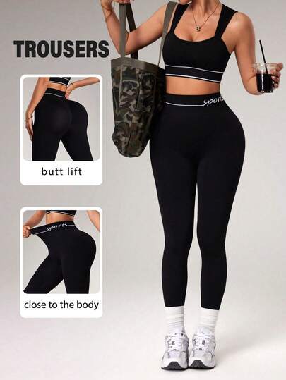 Dewbera Women's Seamless Black & White Letter Waistline Sports Leggings, Outdoor Running, Indoor Yoga & Fitness Pants