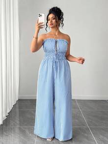 SHEIN Tall CURVE 大码女式条纹扭结抹胸休闲日常连体裤 - 藍白色 - 查看 1