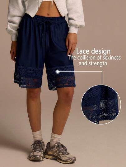 Fluxe Women's Solid Color Waist Tie Contrast Lace Loose Shorts