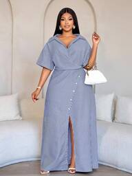 SOLERSUN Robe chemise à rayures avec boutons sur le devant pour femmes grandes tailles, ourlet asymétrique, manches dolman, manches courtes, fente, jupe longue en forme de A, chemise portefeuille. Élégante pour le travail et les déplacements. Tenue casual en deux pièces, facile à enfiler et à retirer. Design élégant et simple pour la Saint-Valentin. Vêtements pour femmes.