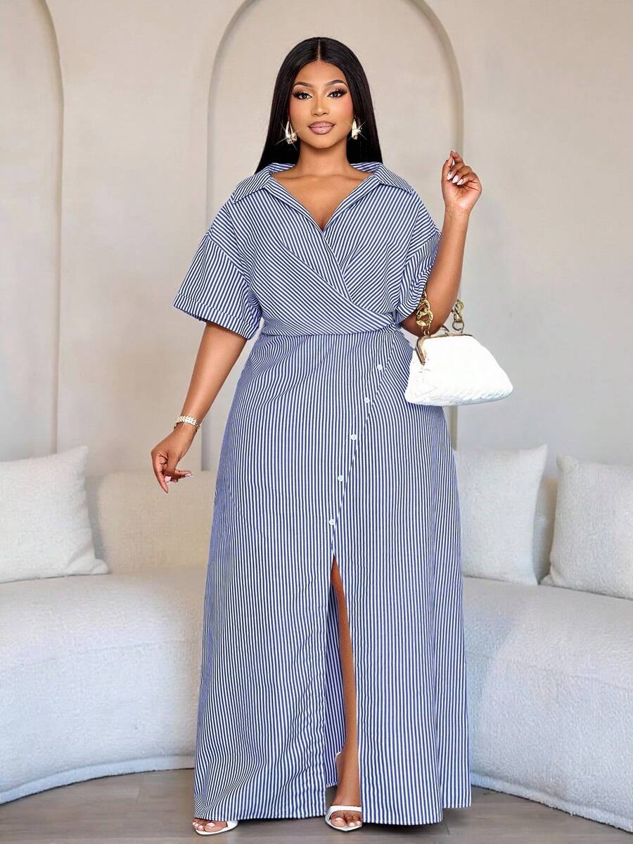 SOLERSUN Đầm sơ mi nữ cỡ lớn in sọc, cài cúc phía trước, vạt bất đối xứng, tay áo cánh dơi, tay ngắn, xẻ tà, dáng chữ A, dài, kiểu áo quấn, thanh lịch, thích hợp mặc đi làm hàng ngày, phong cách riêng, thường ngày, dễ mặc và cởi, thích hợp cho ngày Valentine, đơn giản, thanh lịch, thời trang nữ. - Xanh đậm - Xem 1