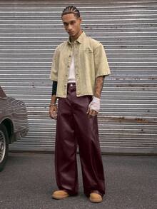 AXEPEAK Men's Casual Fashion Street Style PU Leather Loose Flared Wide Leg Pants - Dark Red - View 5