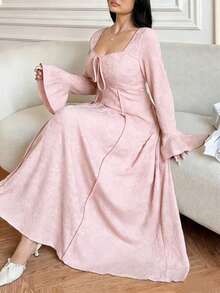 Vibekara Plus Size Women Elegant Knotted Waist Party Dress - Pink - View 1