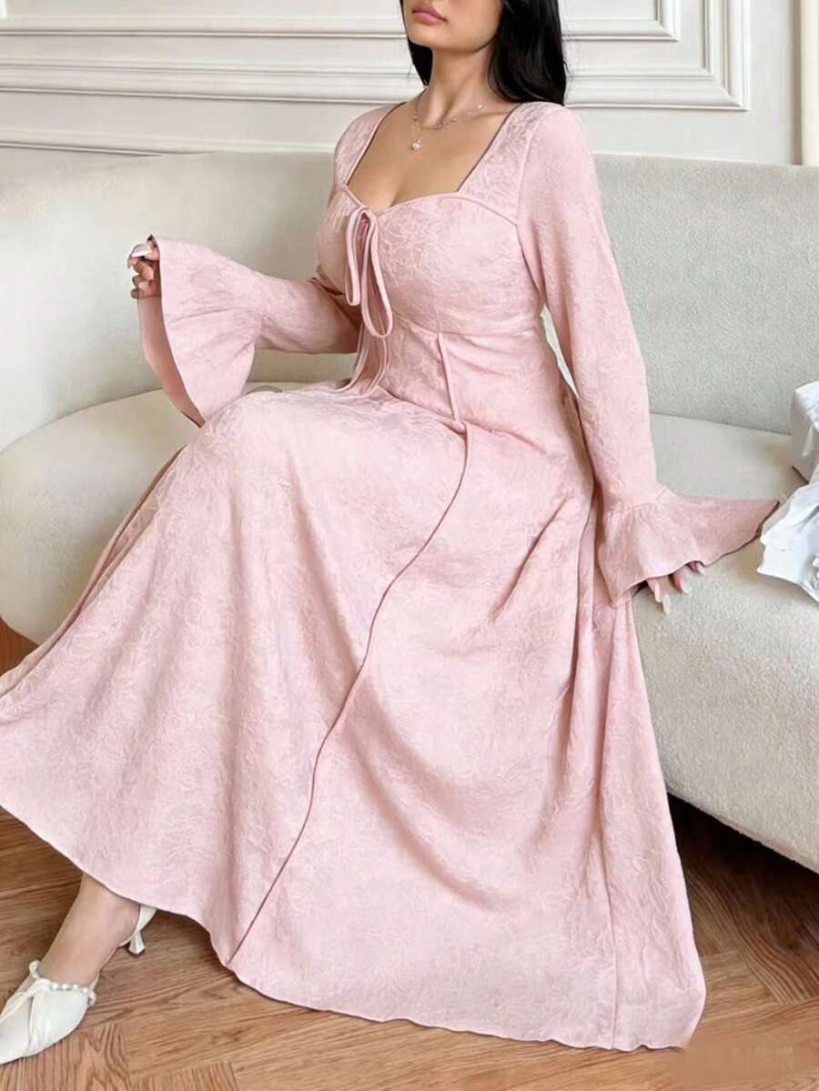 Vibekara Plus Size Women Elegant Knotted Waist Party Dress - Pink - View 1