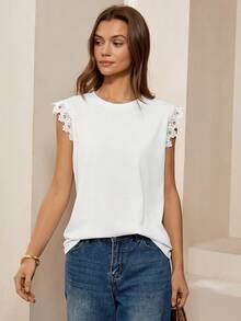 Lymera 春夏时尚简约优雅休闲白色蕾丝边无袖圆领针织T恤（女款） - 白色 - 查看 5