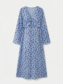 lacRébo 天蓝色碎花V领系带中长连衣裙，荷叶边细节，长袖，春夏野餐连衣裙，外出连衣裙，法式巴黎风连衣裙，可爱连衣裙，复古连衣裙，女士春季连衣裙，女士休闲连衣裙，女士度假连衣裙，碎花连衣裙，长袖吊带裙 - 淺藍色 - 查看 10