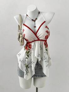 Sunspun 大码女式碎花不对称下摆露背吊带背心，春夏款 - 橘色 - 查看 7