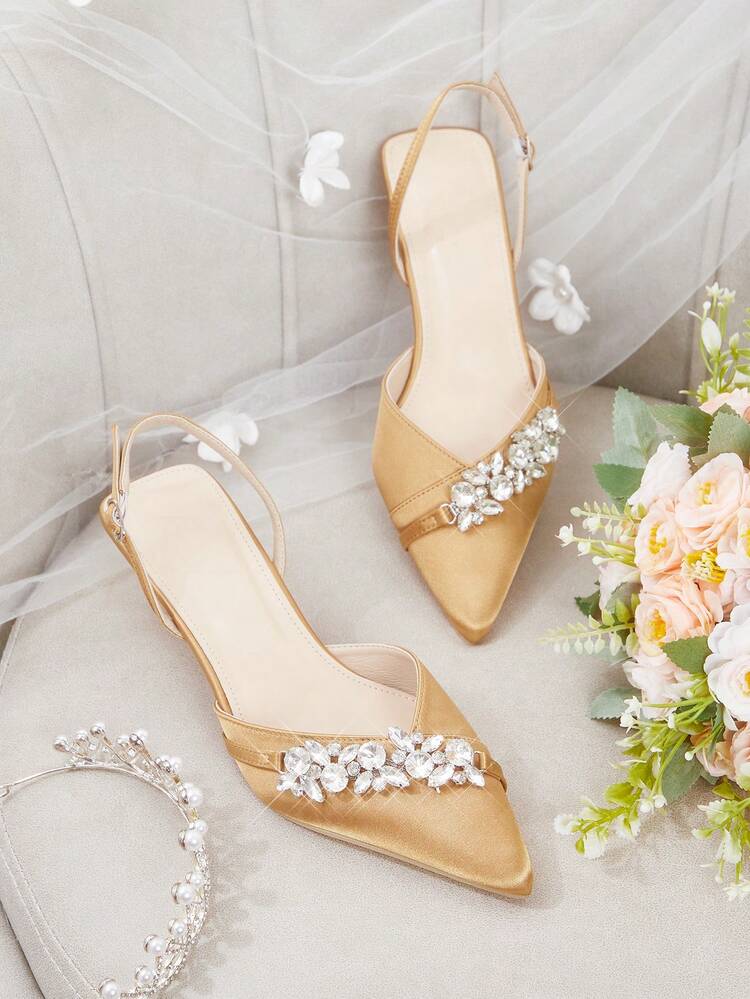 CUCCOO HITCHD Women's High Heel Pumps, Elegant & Luxurious Pointed Toe, Rhinestone Chain, Champagne Gold Satin, Suitable For Wedding Bride, Bridesmaid, Guest, Party