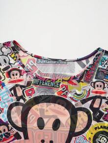 Paul Frank X SHEIN Plus Size Women's Cartoon Gorilla Print Short Sleeve Top, - Multicolor - View 3