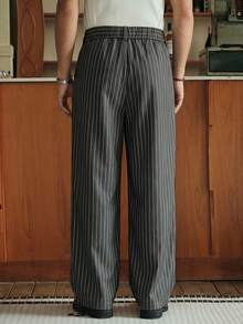SWAVVY Pantalones casuales anchos con pliegues y rayas para hombres - Gris Oscuro - Ver 2