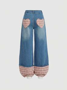 SHEIN MOD 女士纯色格子休闲日常牛仔裤 - 藍色 - 查看 2