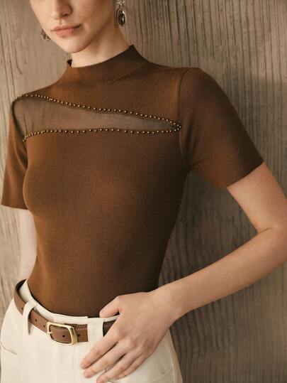 Aveloria Modichic Women's Fitted Asymmetrical Mesh Hollow Bubble Pearl Design Short Sleeve Knit Undershirt, Suitable For Daily Commute