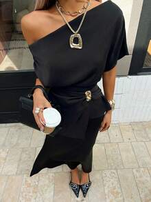 Siren Gaze 女士纯色不对称褶皱衬衫，金属纽扣装饰不对称领不对称肩部衬衫 - 黑色 - 查看 4