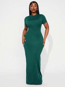 Radiana Plus Size Solid Color Elegant Waist Cinching Party Short Sleeve Dress - Dark Green - View 4
