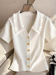 INAWLY Áo thun nữ tay ngắn họa tiết bèo nhún, thường ngày đa năng, áo cardigan - trắng - Xem 1