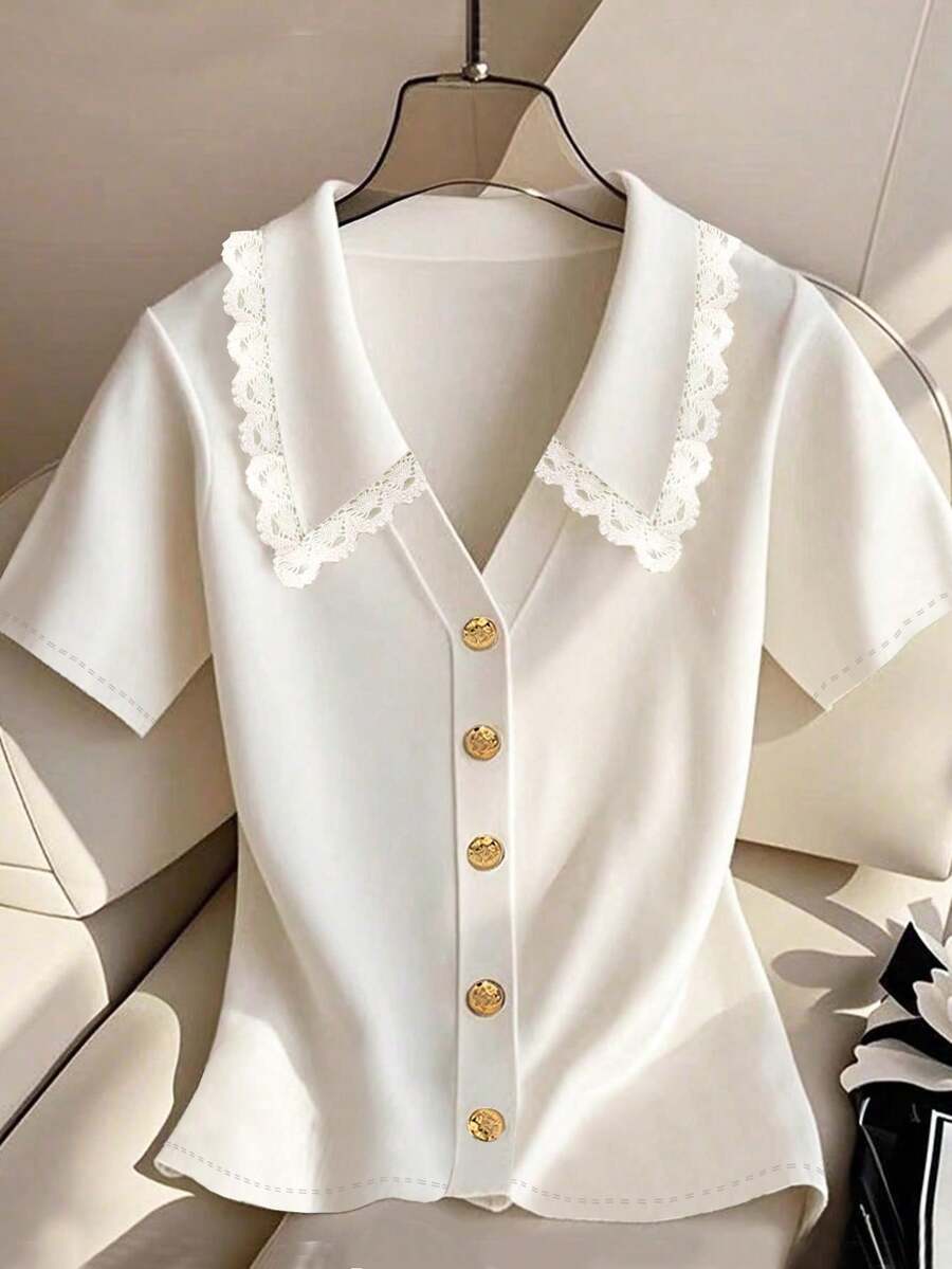 INAWLY Áo thun nữ tay ngắn họa tiết bèo nhún, thường ngày đa năng, áo cardigan - trắng - Xem 1