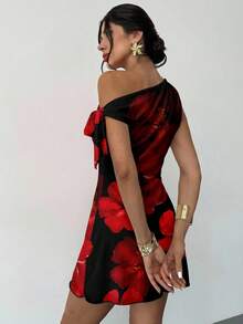 Firerie 女士优雅黑红芙蓉花露肩迷你连衣裙 - 性感不对称领口，适合春夏、海滩、夏威夷、约会、派对、音乐节、毕业典礼和舞会等场合的度假装扮 - 白色 - 查看 2