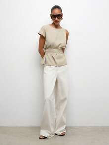 Maija Damen Sommer Mode Chic Beige Leinen Peplum Top,Asymmetrische Ärmel geraffte Taille Arbeitsblusen für Frauen,Atmungsaktiv Lässig Strand Urlaub - Khaki - Übersicht 2