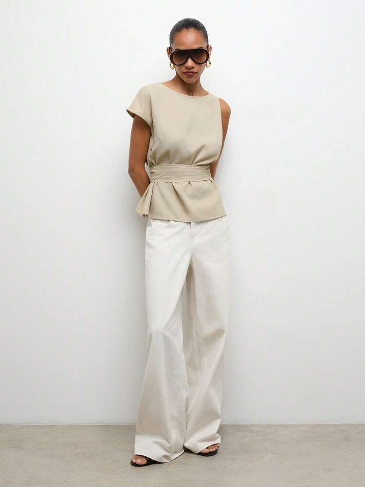 SHEIN Maija Damen Sommer Mode asymmetrische Ärmel geraffte Taille Peplum Top St. Patricks Tag Damen Ostern Sommer Ostern Damen Party Top Strand Sommer Urlaub jeder Urlaub für Damen Sommer für Damen Ausgehen Abschluss Abschluss Lässig Lässig Blusen für Damen