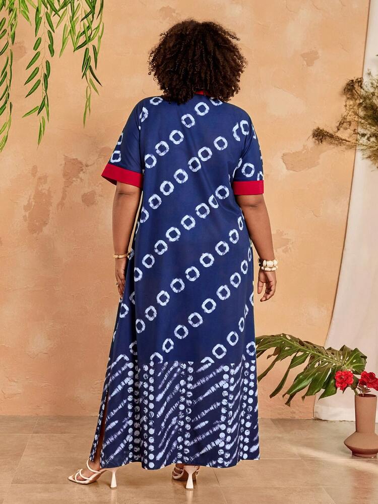 Plus Size Women Geometric Print Trim Casual Party Vacation Dress Women's Plus Size Dresses Women's Summer Dresses Summer Dress Summer Outfits Summer Clothes Spring Dress Spring Outfit Women Spring Clothing Floral Dress Floral Dresses For Women Beach Vacation Outfits For Women Vacation Dress Bohemian