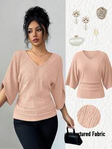 SHEIN Elenzya Áo kiểu nữ cổ chữ V dáng rộng, thiết kế nhún bèo, chất liệu vải có họa tiết, kiểu dáng tôn dáng, thích hợp cho sinh nhật, hẹn hò, tiệc tùng, Ngày Nhà giáo, Ngày Độc lập, tay ngắn. - Hồng - Xem 1