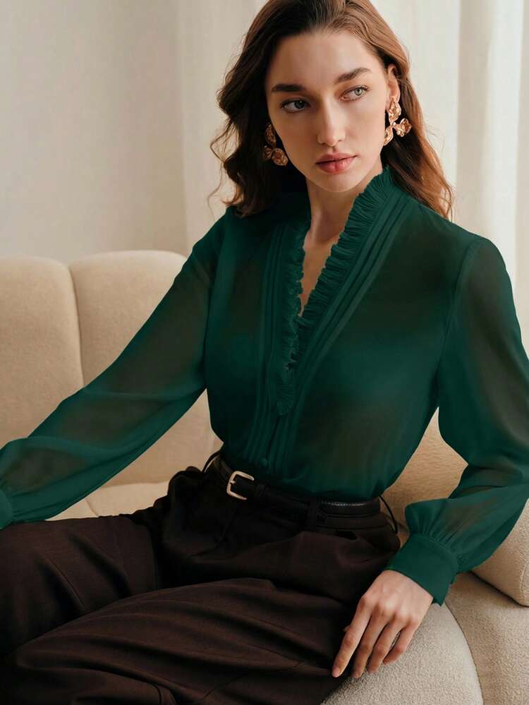 Anewsta Essential Elegant French Style V-Neck Ruffle Trim Blouse, Fashionable And Graceful, Suitable For New Year, Spring, Summer, White, Valentine's Day