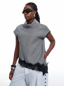 SHEIN EZwear 大码女士优雅千鸟格蕾丝拼接不对称下摆T恤，春夏款 - 彩色 - 查看 4