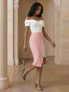 Playroots Women's Elegant Floral Applique Split Hem Skirt, Pink, Spring/Summer New Arrival - Pink - View 4