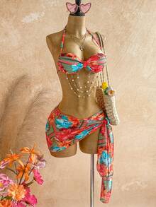 Soleia Women's Summer Beach Floral & Leopard Print Halter Tie Sexy Bikini Set With Coverup And Skirt Vacation Bathing Suit - Multicolor - View 9
