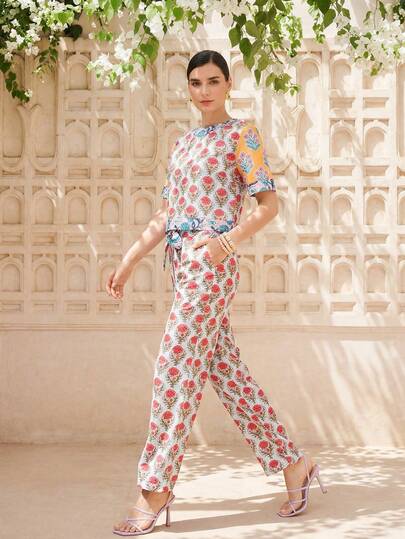 LOTSLUV Women's Spring/Summer Vacation Floral Print Round Neck Short Sleeve Top And Pocket Drawstring Pants 2-Piece Set In Red, Yellow And Blue, Co Ords Sets Women, Two Piece Set Women Multicolor, Blouse And Pants Set, Coord Set Women, Pant Suit Summer Sets