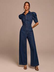 COSMINA Denim 女款時尚海軍藍牛仔連身褲，優雅短袖收腰吊帶褲，日常夏季西式通勤辦公與外出穿搭 - 深色水洗藍 - 查看 4
