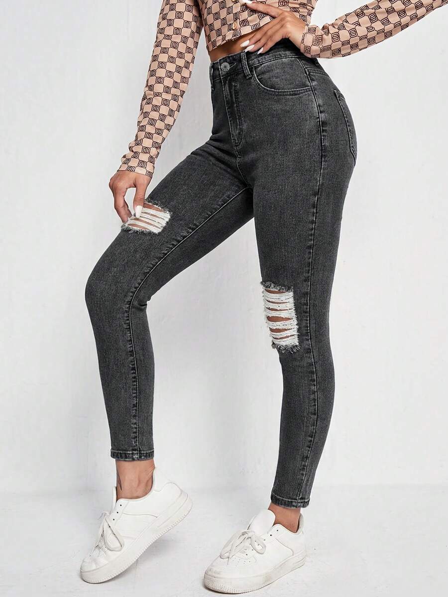 SHEIN ICON Calça Jeans Casuais Versáteis de Uso Diário com Bolso e Botão Desgastado para Mulheres - Chumbo - Visão 1