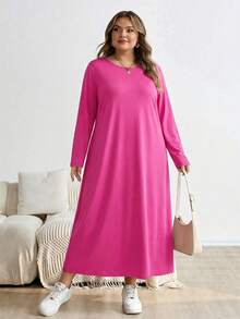 SHEIN CURVE+ Đầm midi dáng chữ A dài tay màu đen cỡ lớn, thời trang thu đông. - Màu Hồng Tươi - Xem 6