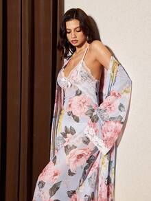 Slumberist Sleeveless Long Nightgown Robe Mesh Lace Lingerie Set - Multicolor - View 3
