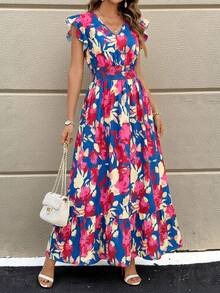 Solivie 女士印花荷叶袖抽绳腰连衣裙，度假风 - 彩色 - 查看 10