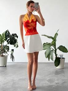 RiviMae 女士优雅度假风深V领扎染花卉露背系带衬衫 - 橘色 - 查看 4