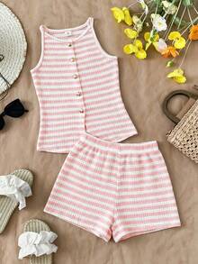 Travachic KIDS Bộ đồ đi nghỉ mát thường ngày cho bé gái tuổi teen: Áo hai dây dệt kim kẻ sọc và quần short cạp chun. - Màu Hồng baby - Xem 5