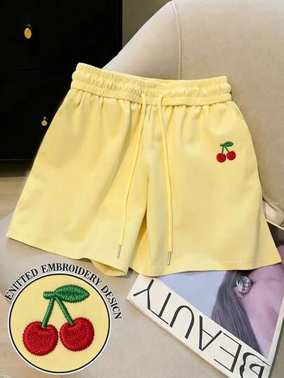 Resyla Women's Regular Cherry Embroidery Drawstring Waist Casual Shorts
