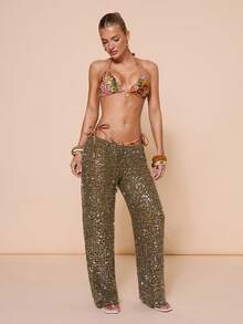 Lumalex 豹纹花卉图案星星吊坠配饰，时尚性感沙滩露背比基尼泳衣两件套 - 彩色 - 查看 11