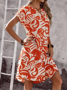 EMERY ROSE 女士度假印花短袖单排扣休闲中长连衣裙 女士夏季连衣裙 女士夏季套装 度假装 女士度假连衣裙 女士休闲连衣裙 女士春季连衣裙 - 紅色 - 查看 7