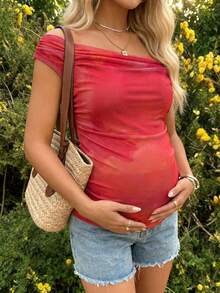 SHEIN Maternity Asymmetric Ruched Casual Daily T-Shirt, Summer Summer Outfits Vacation Outfits Red T-Shirt - Multicolor - View 1