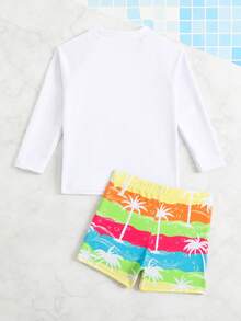 Young Boys'Tropical Holiday Style Printed 2-Piece Swimsuit Set,Long Sleeve Sun Protection Rash Guard Shirt&Swim Pants For Summer Beach Vacation - Multicolor - View 2