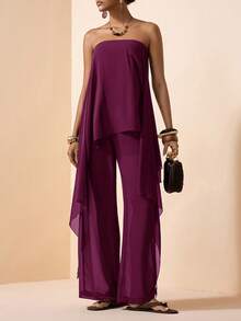 Zivah 2026春夏新款音乐节、复活节、圣帕特里克节、情人节、约会、西部风、游牧风、生日派对、毕业典礼、大学、学生、日常穿着、基础搭配、休闲、度假、邮轮、海滩、日光浴、爆款、街头风、婚礼宾客、通勤、早午餐、机场、派对、假日郊游、办公穿着雪纺荷叶边无袖上衣和裤子棕色两件套 - 紫色 - 查看 7