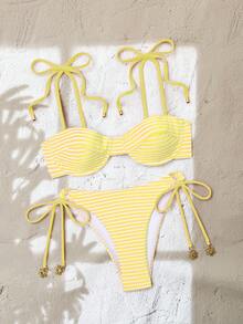 Swim Mod Bộ bikini hai mảnh kẻ sọc kiểu Âu và Mỹ mới về mùa hè, dây mảnh, cúp ngực có đệm mút, kiểu quần lọt khe ba điểm gợi cảm, cạp cao, đồ bơi dễ thương cho kỳ nghỉ biển của các cô gái - Màu vàng ngỗng - Xem 4
