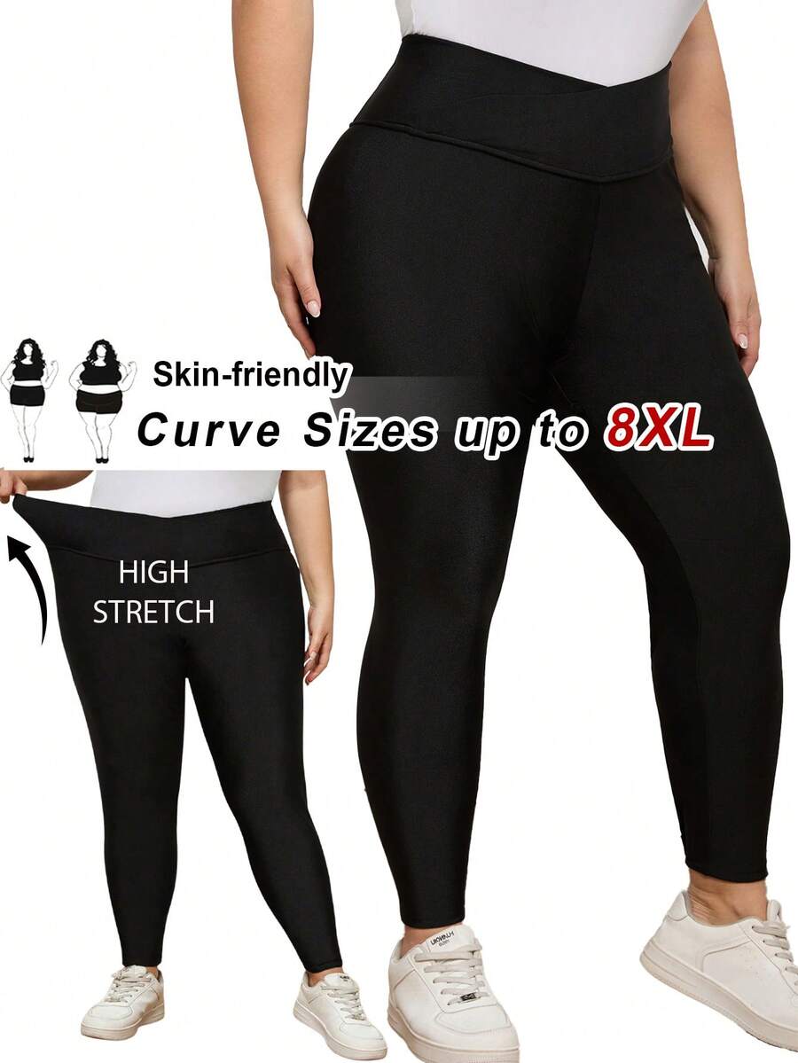 SHEIN CURVE+ Quần legging cạp cao màu đen dành cho nữ cỡ lớn, kiểu dáng thường ngày. - màu đen - Xem 1
