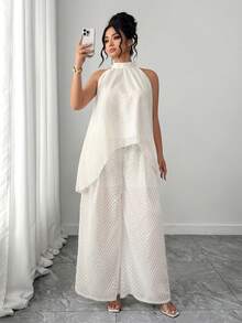 Elenzga 女士加大码立领无袖不对称下摆上衣和直筒裤，带口袋，V形镂空面料，优雅两件套 - 杏色 - 查看 1