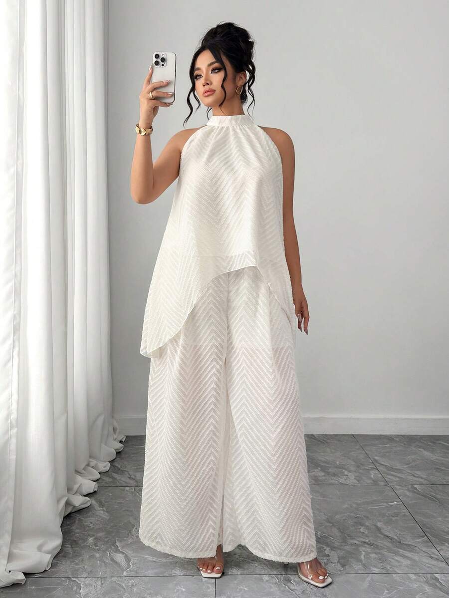 Elenzga 女士加大码立领无袖不对称下摆上衣和直筒裤，带口袋，V形镂空面料，优雅两件套 - 杏色 - 查看 1